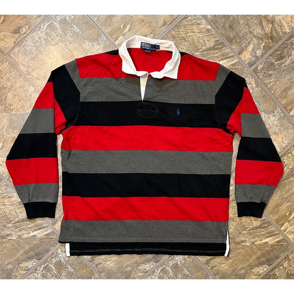 Polo Ralph Lauren Rugby Shirt Mens XL Red Black Grey Vintage 90s Y2K Striped L/S
